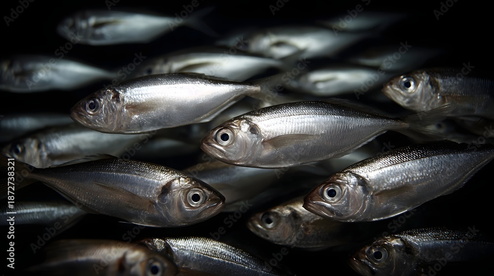 Obraz premium A dramatic close up of a shimmering shoal of silver fish swimming in unison underwater