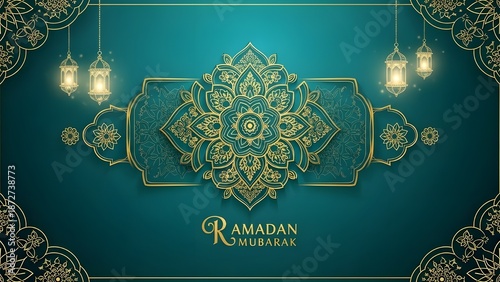 Elegant ramadan mubarak greeting with golden mandala and lanterns on a teal background