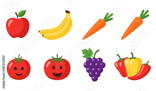 All fruits and vegetables vector icon set flat illustrations emojis and stickers isolated on transparent background