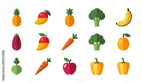 Fruits and vegetables flat vector icon collection modern minimal emojis and symbols isolated on transparent background