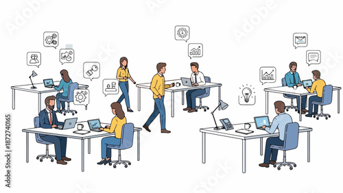 Illustration of a busy office scene with people working at desks and collaborating in a modern workspace with laptops and conversation bubbles.