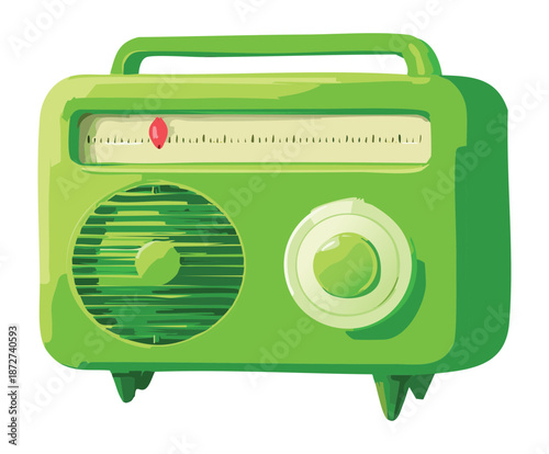 Vintage green radio receiver with analog tuning dial for listening to classic music broadcast and old fashioned entertainment