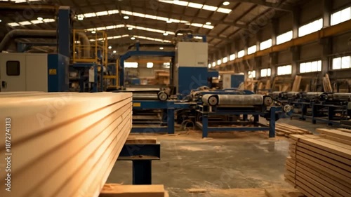 Wood planks stacked on top of each other in a lumber factory with industrial machinery in the background with manufacturing and woodworking and industry