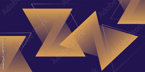 Golden triangles abstract background overlap layer on dark space with lines effect decoration. Modern graphic design element luxury style concept for web banner, art, flyer, card, or brochure cover