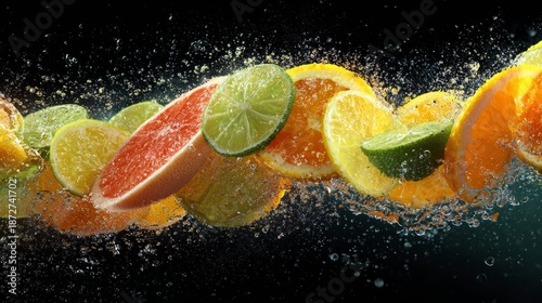 Wallpaper Mural Vibrant dynamic abstract wave of citrus fruits including lime, lemon, orange, and grapefruit flowing in sparkling liquid, concept of freshness, vitamin boost, and energetic fluid motion for creative d Torontodigital.ca