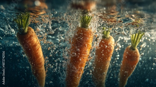 Wallpaper Mural bright fresh carrots falling into water creating energetic splash, high speed capture of motion and droplets, clean healthy vegetable, organic food freshness, natural nutrition concept on minimal back Torontodigital.ca