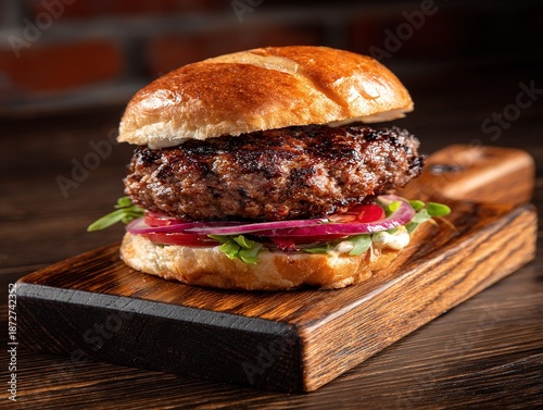 Thick Beef Burger With Fresh Tomato And Red Onion Served On Rustic Wooden Board Styled For Artisanal Food Advertising