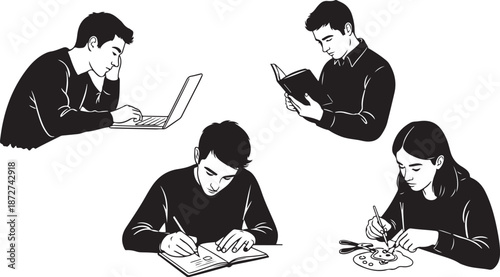 People working on laptops and writing in notebooks together