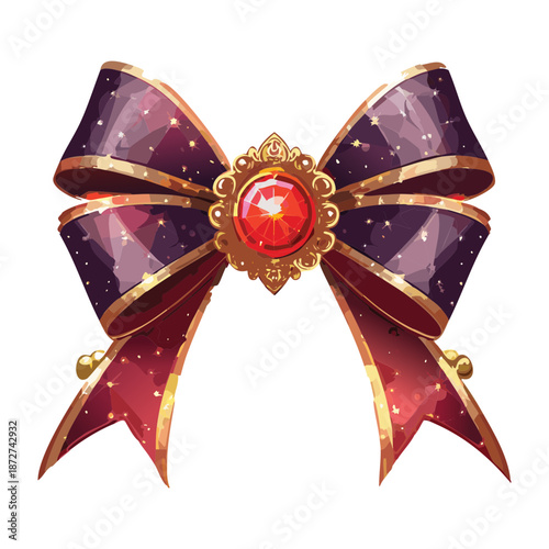 Illustration of a dark purple bow ribbon with a red jewel for fantasy decoration and magic reward