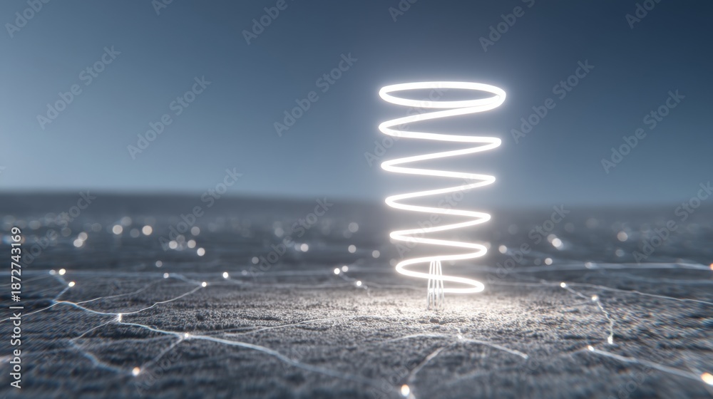 Obraz premium Ethereal Spiral Light Structure Rising from Ground in Futuristic Landscape with Soft Lighting and Abstract Background
