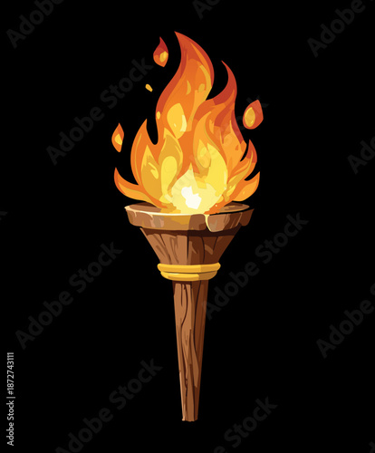 Illustration of a flaming fire torch for fantasy dungeon crawl and medieval adventure game environment lighting