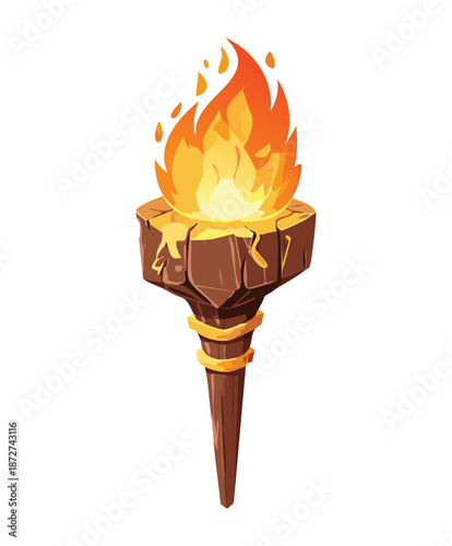 Illustration of a wooden fire torch for fantasy survival adventure and rustic dungeon lighting game asset