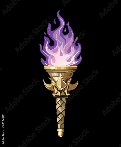 Illustration of a purple fire torch with glowing aura for fantasy magic quest and dark wizardry themes