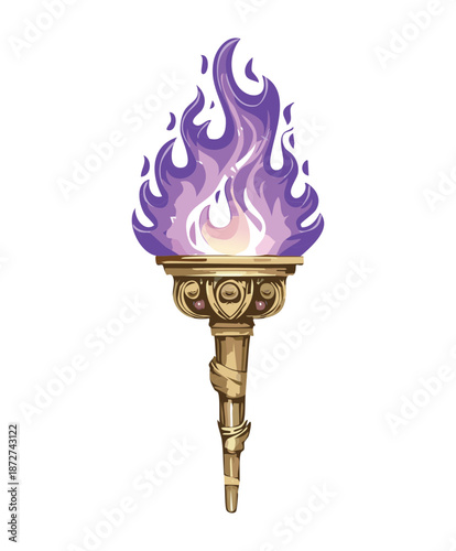 Illustration of a mystical purple flame torch for fantasy game environment and magical ritual atmosphere design