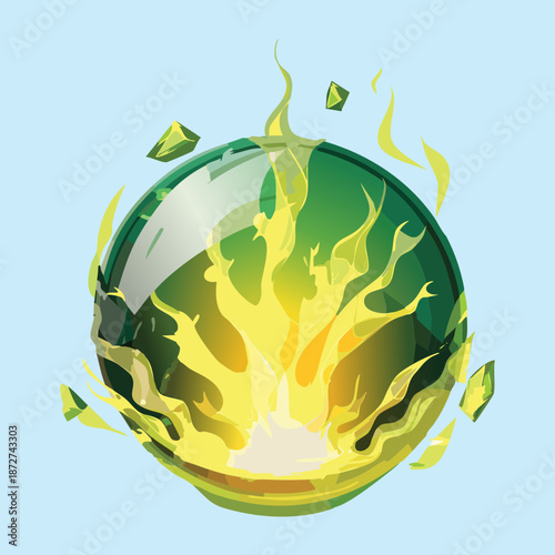 Illustration of a glowing green crystal ball with mystical light for fantasy divination and magical fortune telling