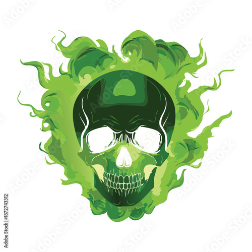 Illustration of a green magic skull with glowing eyes and spiritual aura for dark fantasy game boss