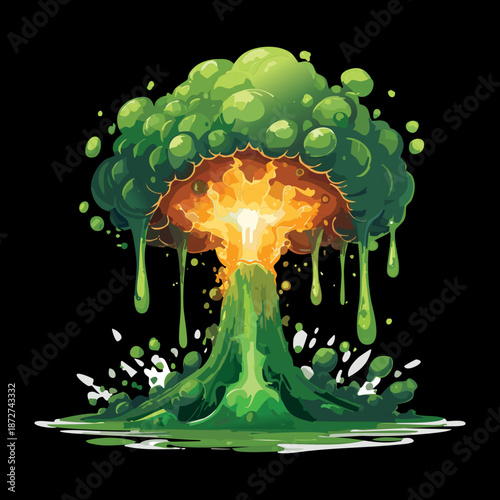 Illustration of a green chemical explosion with smoke and sparks for science experiment or magic spell effect