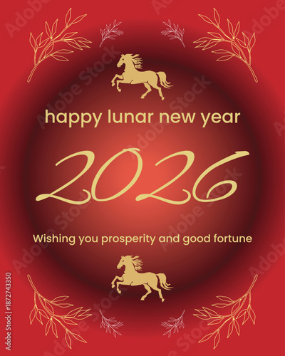 Happy Lunar New Year 2026 celebration greeting card with golden horse zodiac sign on red background.