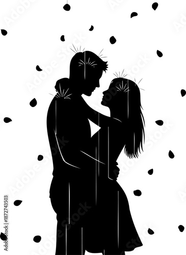 A touching silhouette of a couple embracing passionately while small heart-like particles gently fall around them.