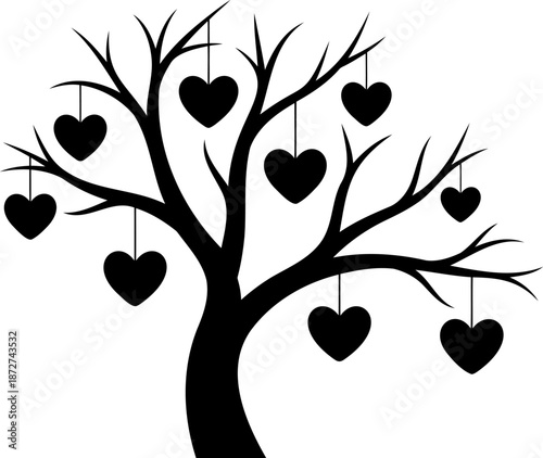 A beautiful stylized bare tree, its intricate branches adorned with multiple hanging heart-shaped ornaments, symbolizing enduring love.