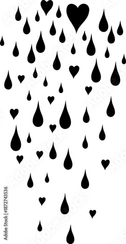 A whimsical graphic displaying a beautiful cascade of raindrops creatively mixed with numerous heart shapes falling downwards.