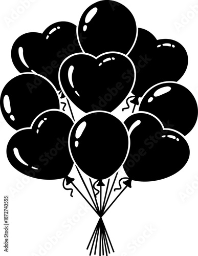 A delightful black silhouette of a large cluster of various balloons, featuring both circular and heart shapes, bundled together.