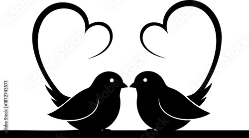 A romantic black silhouette of two small birds facing each other, their tails elegantly forming heart shapes.