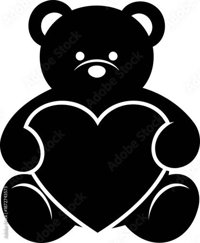 A sweet black silhouette of a teddy bear sitting and holding a large heart close, expressing love and tenderness.