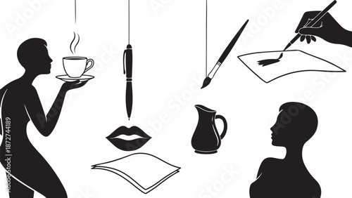 Silhouette of woman holding coffee cup with creative writing tools