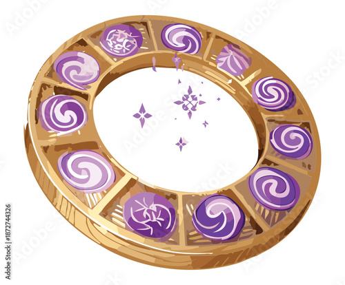 Illustration of a circular stone portal with purple magic vortex for fantasy occult ritual gateway