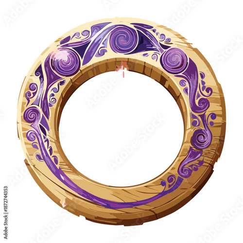 Illustration of a wooden ring portal with purple magic energy and blue crystals for fantasy sorcery