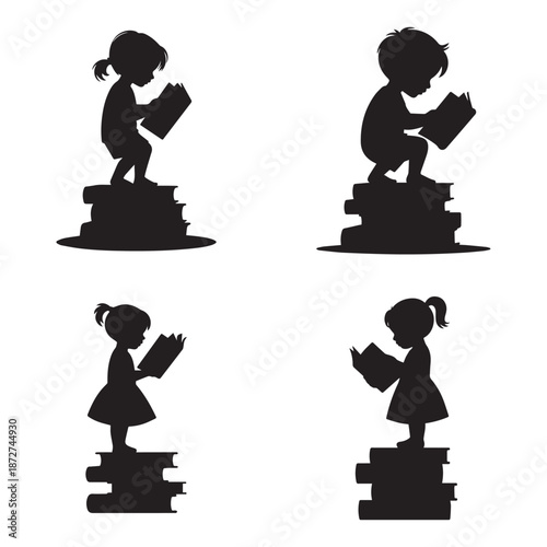 Children Reading Books Black Silhouette Illustration Kids Standing On Book Stack Education Concept Isolated