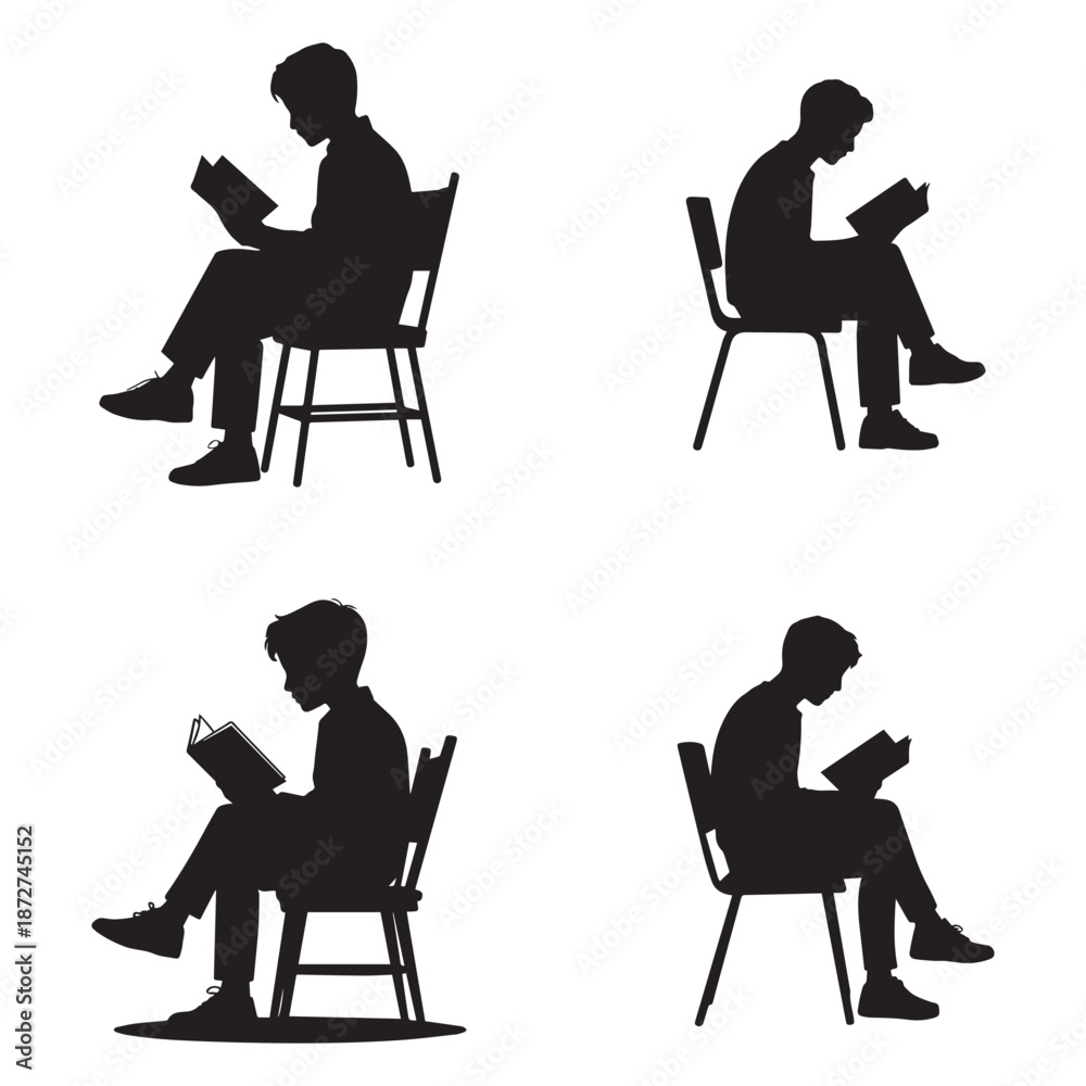 Fototapeta premium Man Reading Book While Sitting on Chair Silhouette Set Education Study and Knowledge Concept Vector