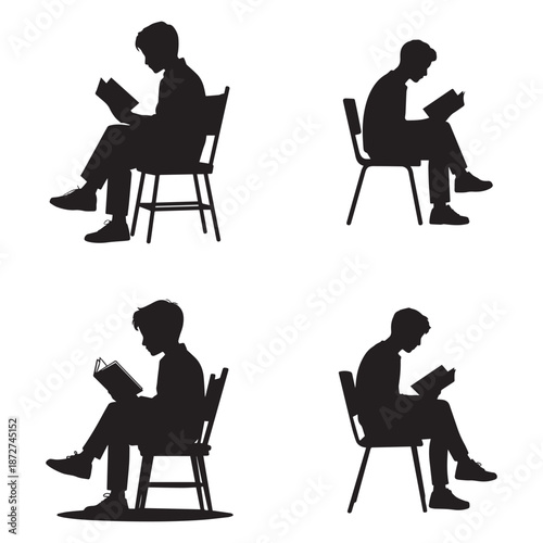 Man Reading Book While Sitting on Chair Silhouette Set Education Study and Knowledge Concept Vector