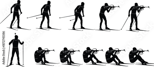 Biathlon, athlete, silhouettes, set, featuring, cross, country, skiing, and, rifle, shooting, positions, in, standing, and, prone, postures, for, winter, sports, design