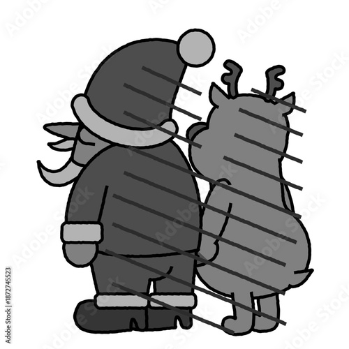 寄り添って立つサンタクロースとトナカイの後ろ姿のイラスト