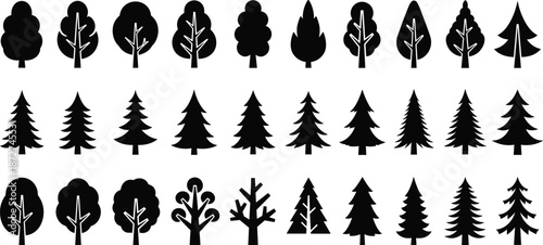 Black tree silhouette icon set, forest nature collection, evergreen and deciduous trees, minimal flat vector design isolated on white