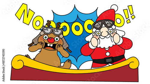 トラブルに驚いて叫ぶサンタクロースとトナカイのイラスト