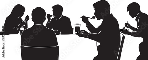 Silhouette of businesspeople eating and drinking at a meeting