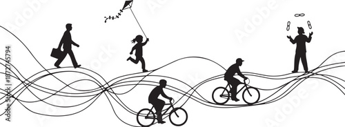 Silhouettes of people engaging in various activities on wavy lines