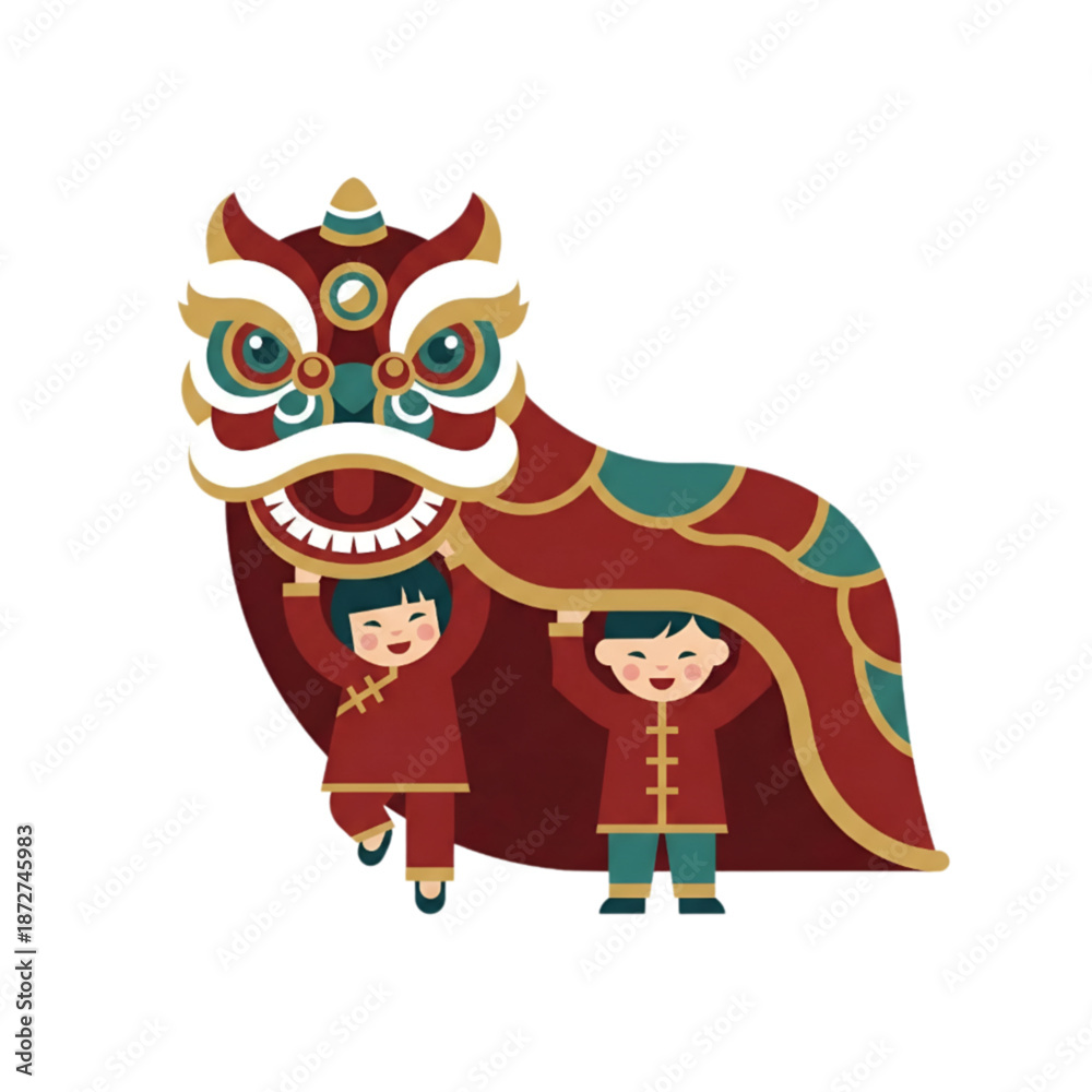 Fototapeta premium Vector icon illustration : happy Asian children performing lion dance costume parade - Chinese New Year festive, Lunar celebration, traditional festival, mascot, culture tradition symbol