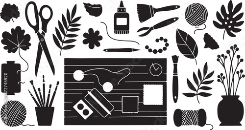 Crafting and DIY tools and supplies in black and white