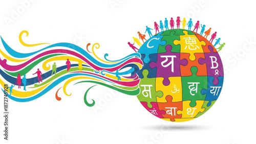 Global communication concept with diverse people and puzzle globe featuring multilingual characters representing connection and understanding