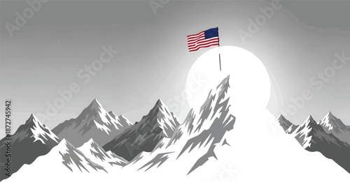 American Flag on Snowy Mountain Peak at Sunrise Vector Illustration