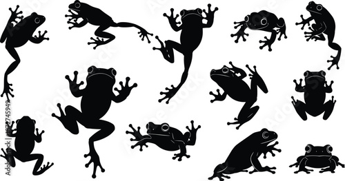 Frog silhouette icon set, tree frog jumping poses collection, amphibian wildlife symbols, tropical nature animals, black vector illustration isolated