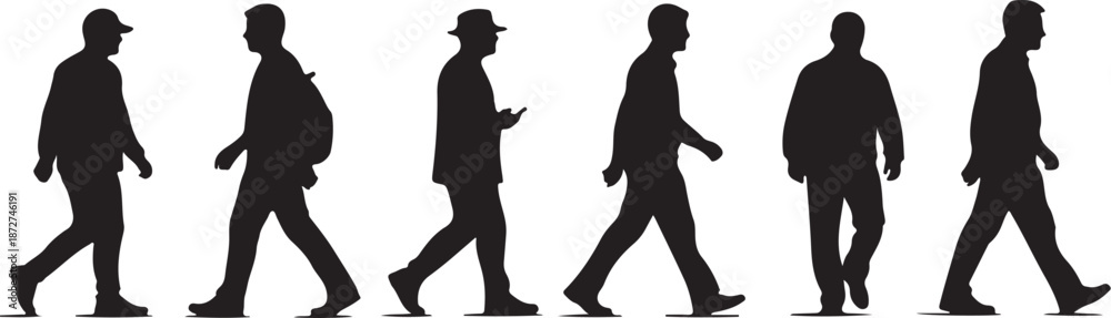 Obraz premium Silhouettes of men walking in different stylish outfits together