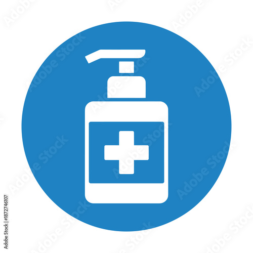 Vector icon of a hand sanitizer bottle with pump dispenser on blue background.