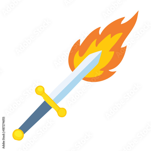 Illustration of a sword engulfed in fire for fantasy blacksmith crafting and epic weapon enchantment