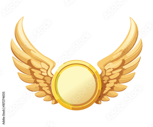 Illustration of golden wings on a circular frame for fantasy badge or divine achievement symbol