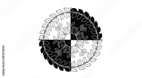 A circular black and white yin-yang inspired design made from leafy branches, symbolizing balance, nature, and harmony.